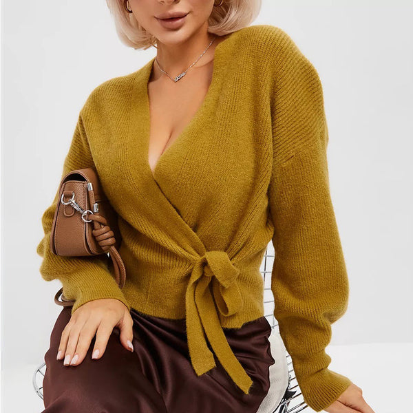 Pull Tricoté à Col en V et Lacets, Manteau Féminin
