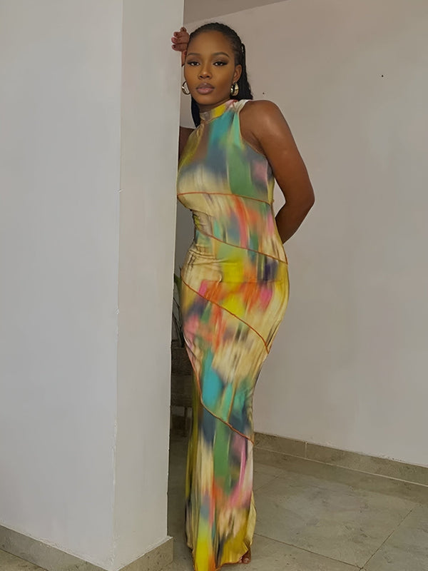 ChiChac Robe Colorée Été Patchwork, Sans Manches, Moulante Clubwear